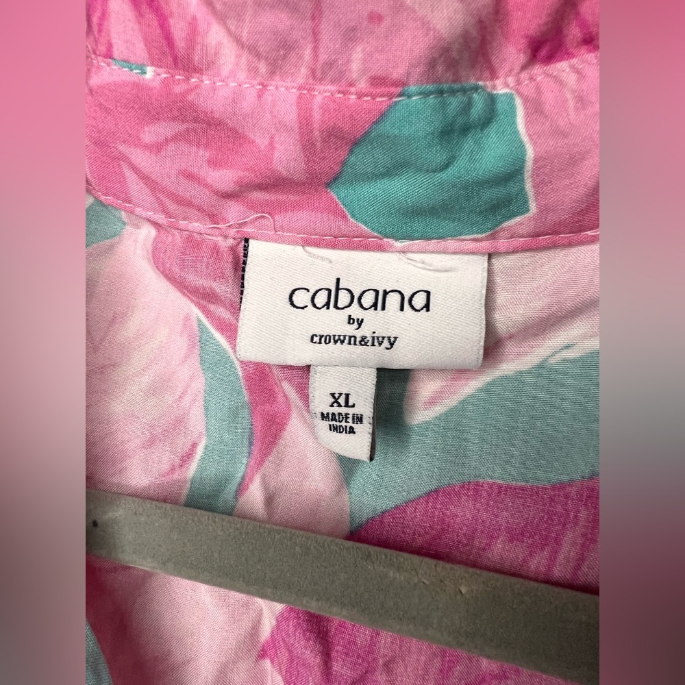 crown & ivy Pink and Teal Leaf Print Button-Up Blouse - Picture 2 of 3